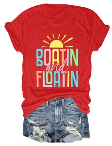 Detail of Boatin and Floatin red cotton t-shirt with distressed denim shorts set