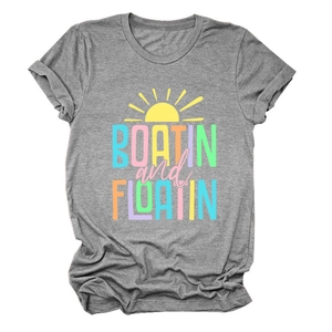 Close-up of Boatin and Floatin print on casual grey cotton t-shirt with rolled sleeves