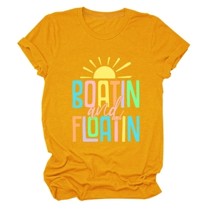 Detail of mustard yellow cotton T-shirt featuring Boatin and Floatin sun graphic print