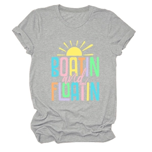 Detail of colorful Boatin and Floatin slogan print on a grey cotton t-shirt