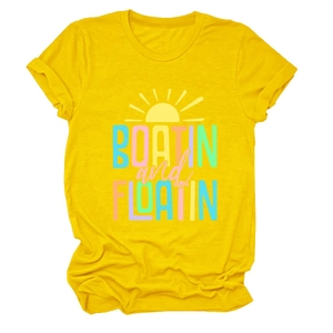 Detail view of yellow Boatin and Floatin cotton tee with rolled cuffs and sun print