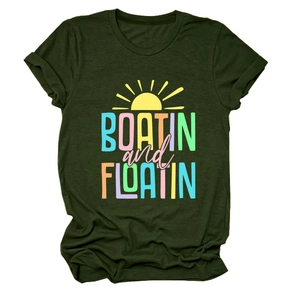 Detail of Boatin and Floatin text print and sun graphic on olive green cotton tee