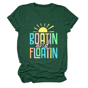 Detail of dark green t-shirt with Boatin and Floatin print and soft heather texture