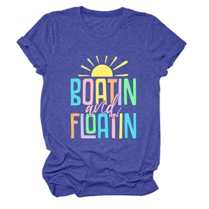 Close-up of the Boatin and Floatin print on a purple melange casual short sleeve t-shirt