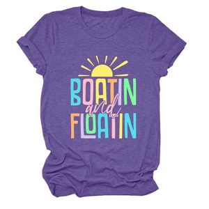 Detail of Boatin and Floatin text graphic on heather purple short sleeve casual T-shirt