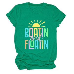 Detail of Boatin and Floatin text print and sun graphic on green short sleeve t-shirt