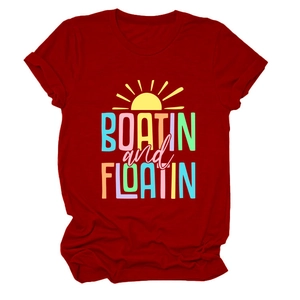 Detail of red crew neck t-shirt with Boatin and Floatin graphic print in a casual style