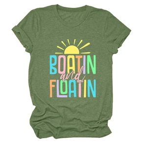 Detail of Boatin and Floatin text and sun graphic on green heathered short sleeve t-shirt