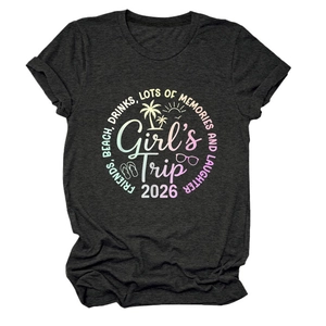 T-shirt grigio scuro Girls Trip 2026 con grafiche estive di palme e spiaggia