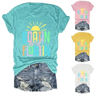 Women T-Shirt Short Sleeve Crew Neck Cotton Blend Loose Fit Boatin And Floatin Letter Sun Print Summer Casual Top
