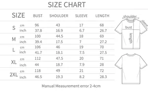 Size chart for women's t-shirt showing bust and length in cm and inch for S to 2XL