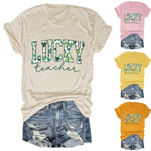 Detailed grid of St. Patrick's Day cotton t-shirts in beige, pink, yellow and orange