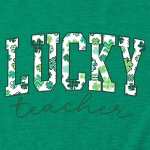 Detail of St. Patrick's Day cotton T-shirt featuring Lucky Teacher print and clover patterns