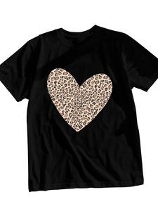 Close-up of the leopard print heart graphic and soft cotton fabric on black t-shirt