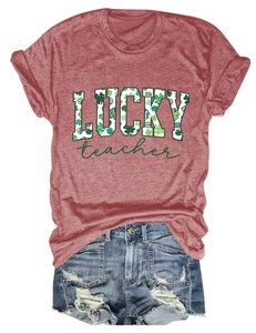 Detail view of dark red heather t-shirt with Lucky Teacher plaid graphic and denim shorts