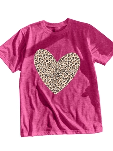Detailed flat lay of rose pink t-shirt with leopard print heart design on soft cotton