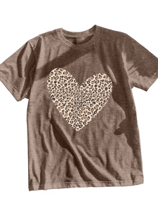 Detailed texture of cotton fabric on a dark brown t-shirt with leopard print heart