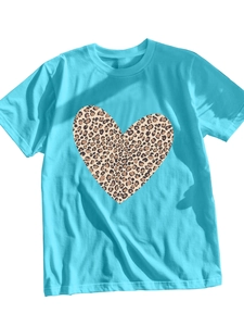 Detail of light blue crew neck T-shirt with leopard print heart graphic on the front