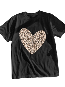 Detailed flat lay of black crew neck T-shirt with leopard print heart on the chest