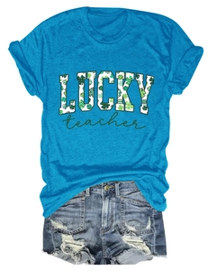 Flat lay of lucky teacher sky blue cotton t-shirt with ripped denim shorts