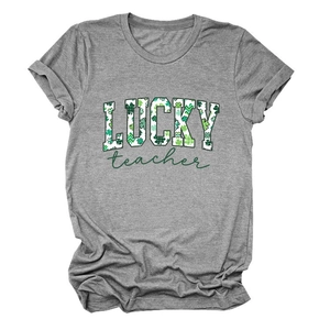 Close-up of a grey St. Patrick's Day teacher t-shirt with Lucky clover print details