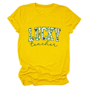 Detail of soft cotton yellow t-shirt with Lucky Teacher clover print for St. Patrick's Day