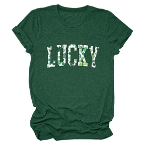 Detail of the green St. Patrick's Day t-shirt featuring Lucky clover letter print texture