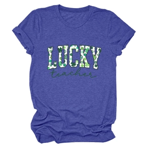 Close-up of Lucky Teacher St. Patrick's Day print on heather blue knit t-shirt
