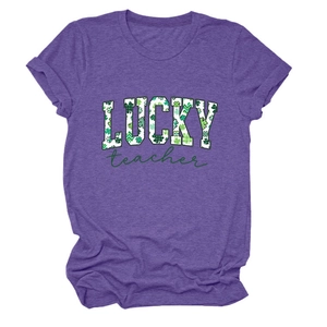 Detail of LUCKY teacher print with clover patterns on purple short-sleeved cotton T-shirt