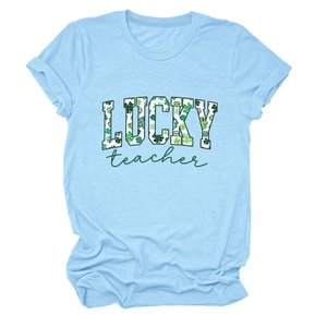 Close-up of sky blue cotton T-shirt featuring Lucky Teacher clover print detail