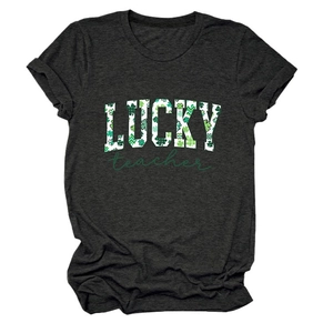 Detail shot of Lucky Teacher print with green clover on charcoal grey cotton t-shirt