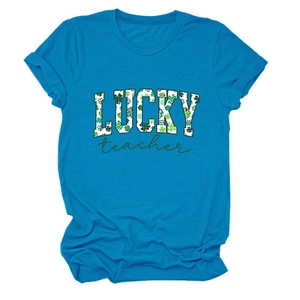 Detailed flat lay of blue crew neck T-shirt with LUCKY teacher clover print