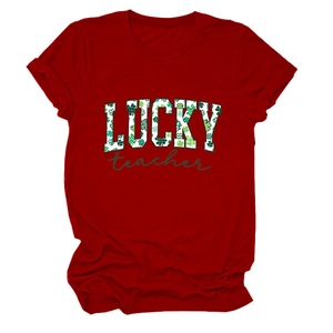 Dark red women's crew neck T-shirt with Lucky Teacher clover print for Saint Patrick's Day
