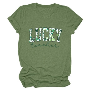Detail of Heather Green Lucky Teacher t-shirt with clover pattern lettering