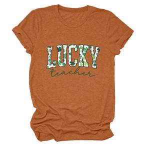 Detail of soft cotton caramel T-shirt featuring Lucky Teacher clover print for Saint Patrick Day