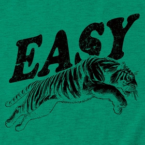 Detail of vintage tiger print and black Easy typography on dark green cotton t-shirt