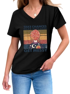 Detail of the retro V-neck black T-shirt featuring colorful graphic print and slogans