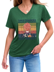 Close-up of V-neck dark green heather T-shirt with colorful female character graphic print