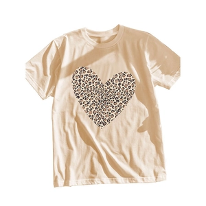 Beige crew neck T-shirt featuring a large leopard print heart graphic on the front
