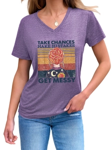 Detail of V-neck purple heathered t-shirt with retro sunset graphic and slogan print