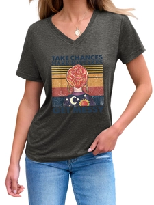 Detail of V-neck dark grey T-shirt with Magic School Bus graphic and inspirational slogan