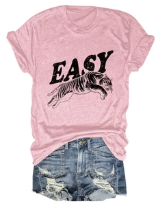 Detail of pink cotton T-shirt with EASY tiger print and distressed denim shorts