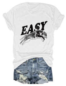 Detailed flat lay of white cotton T-shirt featuring tiger print and EASY lettering