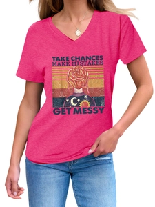 Close-up of V-neckline and retro female illustration print on pink cotton T-shirt