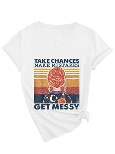 Detail of white V-neck T-shirt with vintage colorful graphic print and front knot hem