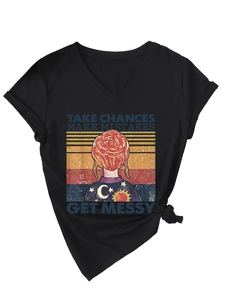 Detail of V-neck cotton T-shirt featuring colorful quote print and front knot hem