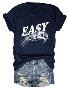 Detailed view of navy blue crewneck T-shirt with white tiger print and EASY lettering