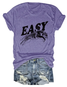 Flat lay of purple cotton T-shirt with tiger print and distressed blue denim shorts