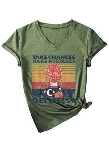 Detail of army green V-neck T-shirt with vintage print and knotted hem style
