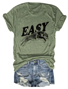 Detail of army green crewneck T-shirt with black tiger print and distressed denim shorts